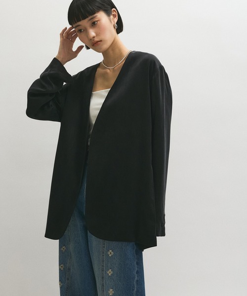 アンセルム　カラーレスジャケット ANCELLM - SILK SUEDE COLLARLESS JACKET/BLACK | NapsNote