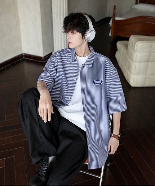 CONVERSE(コンバース)の「【neos】CONVERSE コンバース ルーズシルエット ワッペン ハーフスリーブ ストライプ シャツ(シャツ/ブラウス・メンズ・ネイビー/ホワイト/マルチ・MEDIUM/LARGE/X-LARGE)」の6枚目の写真