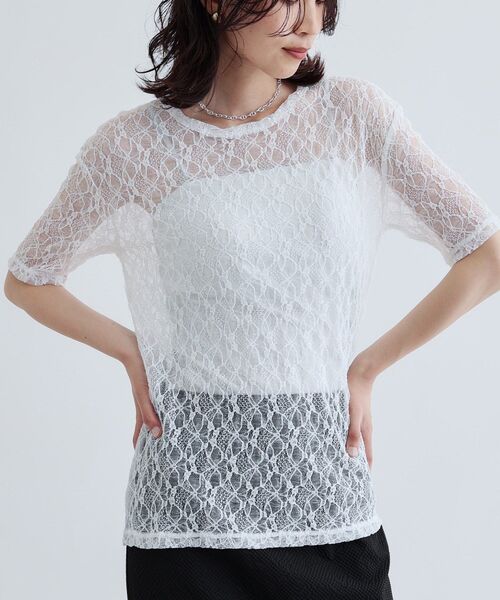 GALLEST(ギャレスト)の「半袖レースカットソー(Tシャツ/カットソー・レディース・ブラック/ホワイト・38)」の1枚目の写真