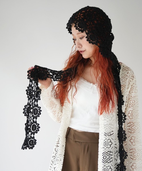 Port（ポート）の「【 Port / ポート 】 フラワー クロシェ フーディー バラクラバ #（ニットキャップ/ビーニー・レディース・ホワイト/ブラック・FREE）」の2枚目の写真