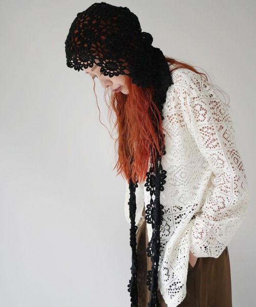 Port（ポート）の「【 Port / ポート 】 フラワー クロシェ フーディー バラクラバ #（ニットキャップ/ビーニー・レディース・ホワイト/ブラック・FREE）」の5枚目の写真