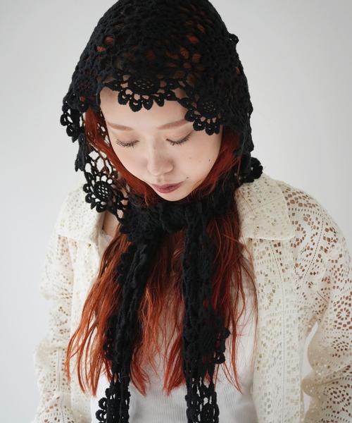 Port（ポート）の「【 Port / ポート 】 フラワー クロシェ フーディー バラクラバ #（ニットキャップ/ビーニー・レディース・ホワイト/ブラック・FREE）」の6枚目の写真