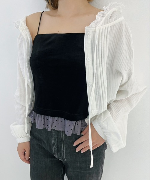 idem（イデム）の「cup in velours frill camisole / 【カップ付き】ベロアキャミソール（キャミソール・レディース・ベージュ/ブラック・FREE）」の5枚目の写真