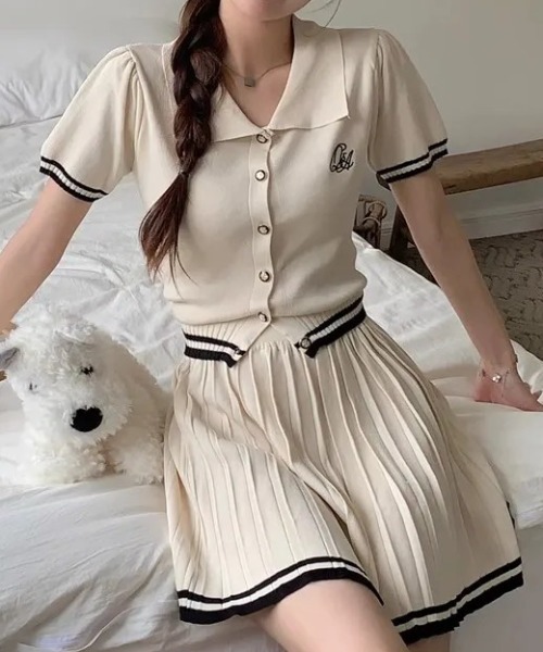 Silly（シリー）の「サマーニット×プリーツSKセットアップ（セットアップ・レディース・ブラック/アイボリー・FREE）」の3枚目の写真