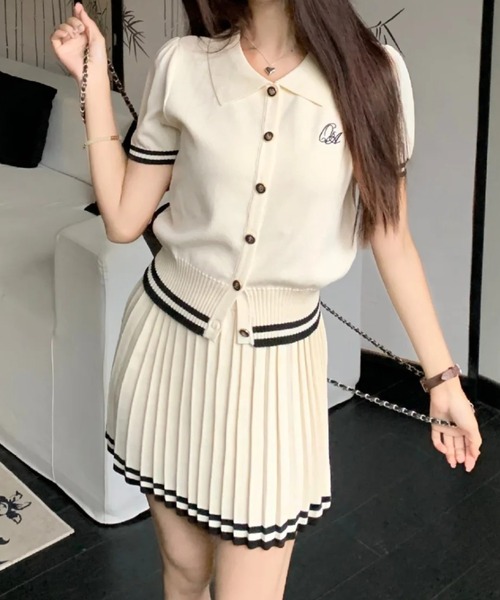 Silly（シリー）の「サマーニット×プリーツSKセットアップ（セットアップ・レディース・ブラック/アイボリー・FREE）」の4枚目の写真