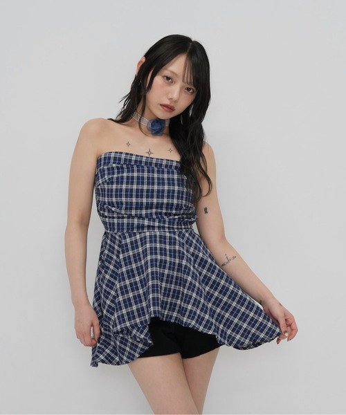 セール】チェック チューブトップ トップス フラワーチョーカー