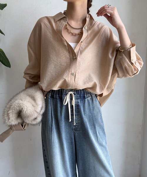 DouDou（ドゥドゥ）の「襟付シアースピンドルブラウス（シャツ/ブラウス・レディース・ブラック/カーキ/ベージュ/バイオレット/アイボリー/ピンク・FREE）」の4枚目の写真