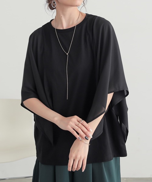 n'OrLABEL(ノアールレーベル)の「異素材ケープスリーブカットソー(Tシャツ/カットソー・レディース・ボルドー/ブラック/ネイビー・2/1)」の2枚目の写真