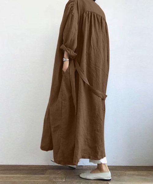 cammie（キャミー）の「ウエストリボン付きロングシャツ（シャツ/ブラウス・レディース・モカ/レンガ/ブラック・M/L）」の5枚目の写真