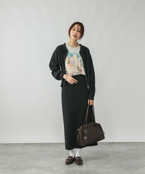 GLOBAL WORK（グローバルワーク）の「ニットZIPカーデ＊スカートセット/577660（ワンピース・レディース・ブラック/チャコールグレー/ブラウン・MEDIUM/LARGE）」の6枚目の写真