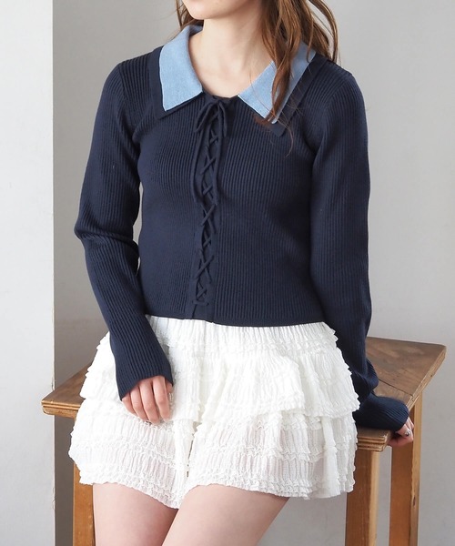 tiptop（ティップトップ）の「前レースアップ襟付きニットプルオーバー（ニット/セーター・レディース・ブラウン/ブラック/アイボリー/エンジ/ネイビー系/グレー系その他・FREE）」の6枚目の写真
