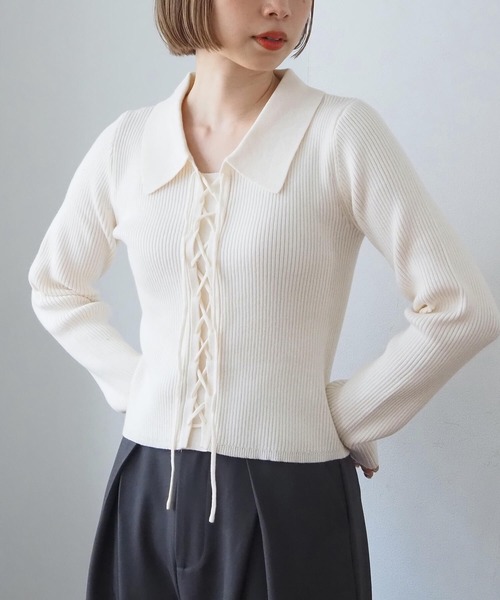 tiptop（ティップトップ）の「前レースアップ襟付きニットプルオーバー（ニット/セーター・レディース・ブラウン/ブラック/アイボリー/エンジ/ネイビー系/グレー系その他・FREE）」の9枚目の写真