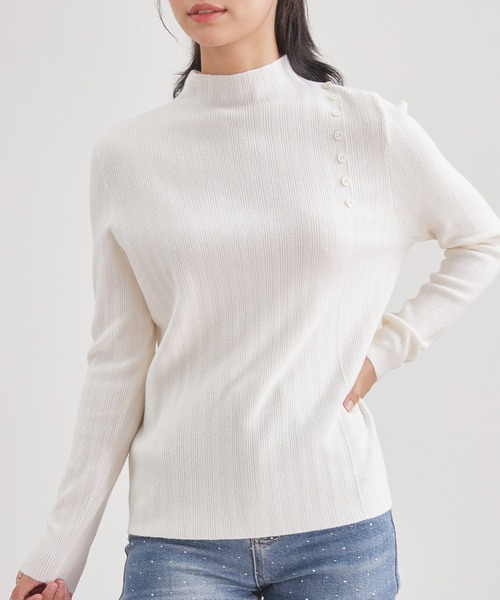 Lace Ladies(レースレディース)の「オフネック ボタン ランダムリブ ニット トップス(ニット/セーター・レディース・ベージュ/ブラック/アイボリー/ダークグレー・FREE)」の12枚目の写真