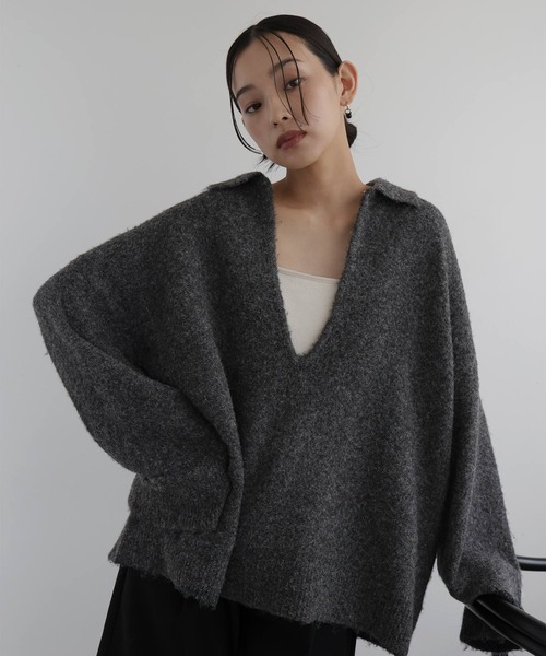 hellam(へラム)の「キーネックポロニット(ニット/セーター・レディース・杢グレー/チャコール/オートミール/マスタード・FREE)」の13枚目の写真
