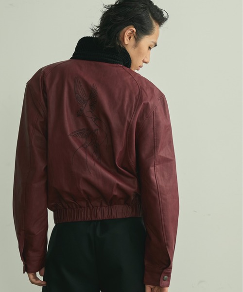 BLANK HOTEL（ブランクホテル）の「Back Embroideried Corduroy Collar Faux Leather Blouson / コーデュロイ襟バック刺繍フェイクレザーブルゾン（ブルゾン・メンズ・ブラック/レッド・M/L）」の13枚目の写真