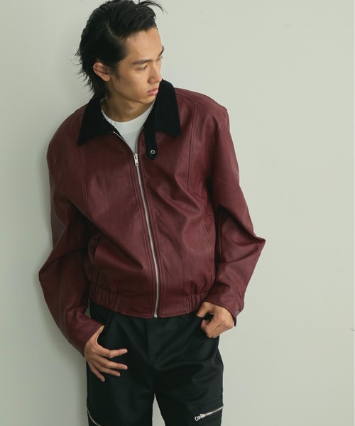 BLANK HOTEL（ブランクホテル）の「Back Embroideried Corduroy Collar Faux Leather Blouson / コーデュロイ襟バック刺繍フェイクレザーブルゾン（ブルゾン・メンズ・ブラック/レッド・M/L）」の3枚目の写真