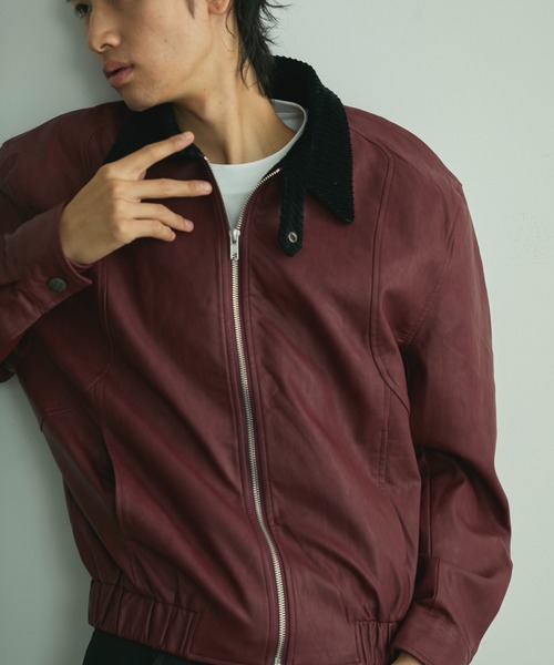 BLANK HOTEL（ブランクホテル）の「Back Embroideried Corduroy Collar Faux Leather Blouson / コーデュロイ襟バック刺繍フェイクレザーブルゾン（ブルゾン・メンズ・ブラック/レッド・M/L）」の4枚目の写真