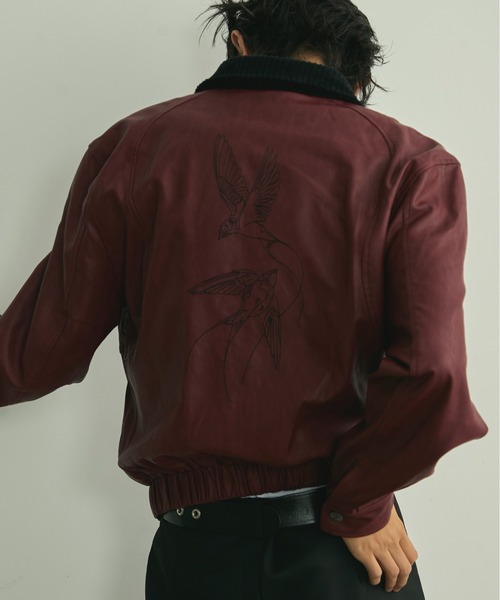 BLANK HOTEL（ブランクホテル）の「Back Embroideried Corduroy Collar Faux Leather Blouson / コーデュロイ襟バック刺繍フェイクレザーブルゾン（ブルゾン・メンズ・ブラック/レッド・M/L）」の7枚目の写真