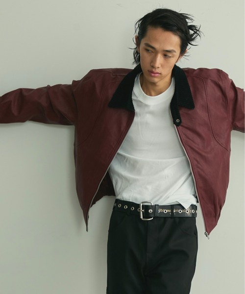 BLANK HOTEL（ブランクホテル）の「Back Embroideried Corduroy Collar Faux Leather Blouson / コーデュロイ襟バック刺繍フェイクレザーブルゾン（ブルゾン・メンズ・ブラック/レッド・M/L）」の6枚目の写真