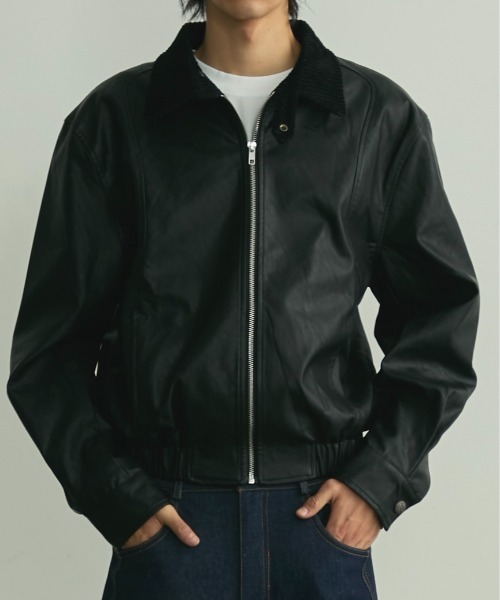 BLANK HOTEL（ブランクホテル）の「Back Embroideried Corduroy Collar Faux Leather Blouson / コーデュロイ襟バック刺繍フェイクレザーブルゾン（ブルゾン・メンズ・ブラック/レッド・M/L）」の20枚目の写真