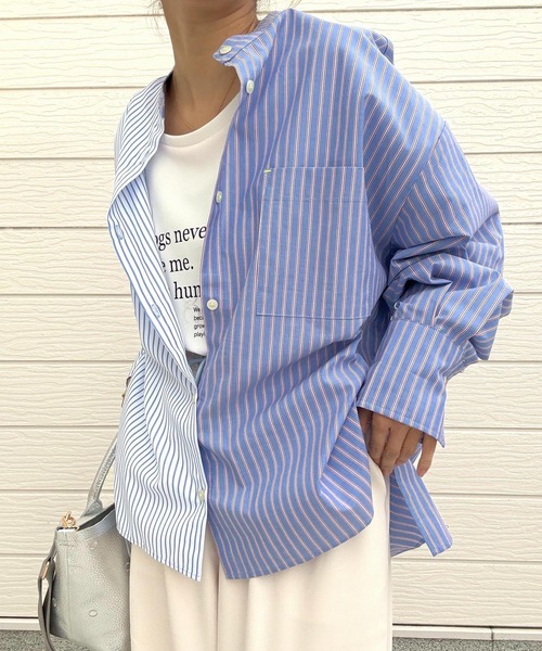 Q（キュー）の「ミックスストライプシャツ（シャツ/ブラウス・レディース・グレイッシュブルー/ブルー系・MEDIUM）」の2枚目の写真