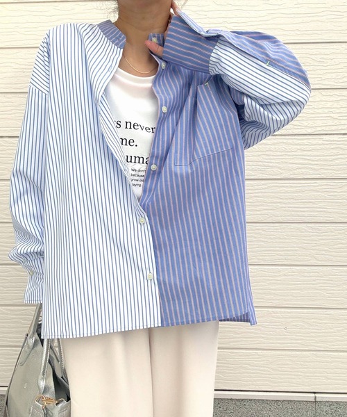 Q（キュー）の「ミックスストライプシャツ（シャツ/ブラウス・レディース・グレイッシュブルー/ブルー系・MEDIUM）」の22枚目の写真