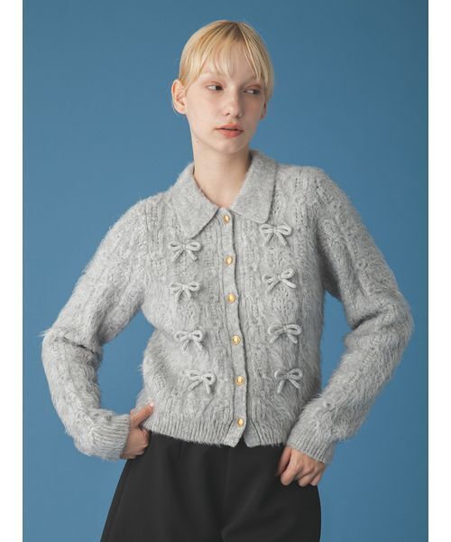 FURFUR(ファーファー)の「リボンデザインアランポロニットトップス(ニット/セーター・レディース・グレー/ホワイト・F)」の4枚目の写真