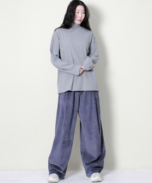 ワイドフィットコーデュロイワンタックバンディングパンツグレーシーブルー