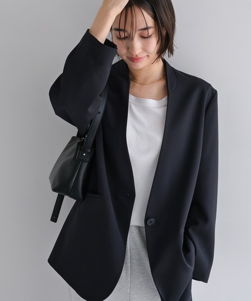 【新品未使用】evernavy ノーカラージャケット Lサイズ 完売商品 evernavy ノーカラージャケット L ダークネイビー レディース