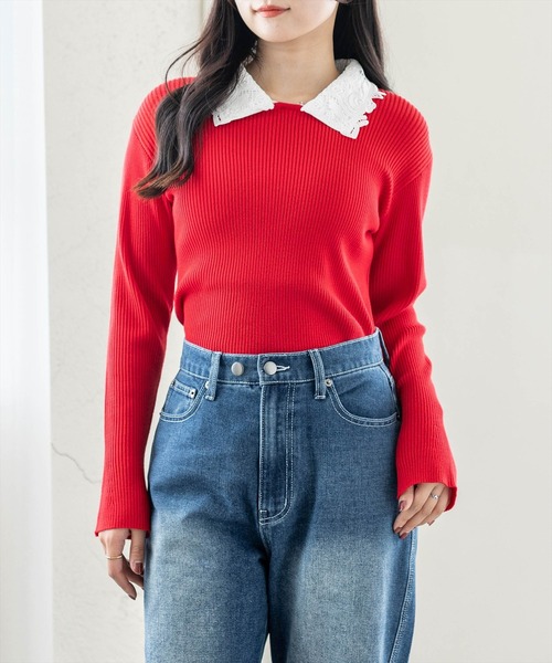 CLEAR BASIC（クリアベーシック）の「レース襟付きニットトップス[大人 フェミニン 上品]（ニット/セーター・レディース・オフホワイト/ブラック/レッド・F）」の3枚目の写真