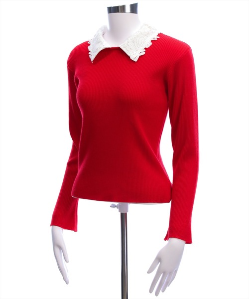 CLEAR BASIC（クリアベーシック）の「レース襟付きニットトップス[大人 フェミニン 上品]（ニット/セーター・レディース・オフホワイト/ブラック/レッド・F）」の4枚目の写真