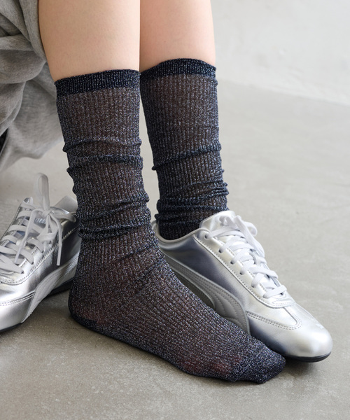 Piedi Nudi（ピエディヌーディ）の「piedinudi/ ピエディヌーディー LAME RIB HIGH（ソックス/靴下・レディース・ブラウン/ネイビー・FREE）」の2枚目の写真