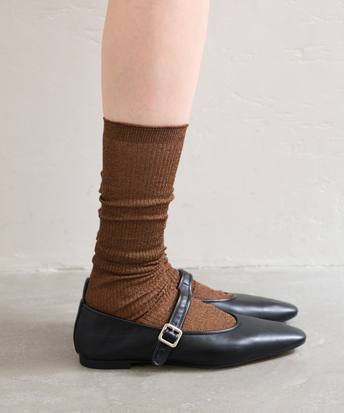 Piedi Nudi（ピエディヌーディ）の「piedinudi/ ピエディヌーディー LAME RIB HIGH（ソックス/靴下・レディース・ブラウン/ネイビー・FREE）」の3枚目の写真