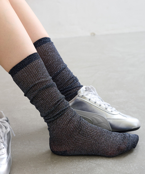 Piedi Nudi（ピエディヌーディ）の「piedinudi/ ピエディヌーディー LAME RIB HIGH（ソックス/靴下・レディース・ブラウン/ネイビー・FREE）」の5枚目の写真