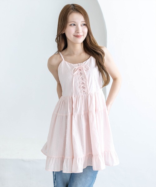 clear（クリア）の「【バレエコア/レイヤード】ドット柄レースアップキャミワンピース[ビスチェ/チュニック/ガーリー]（ワンピース・レディース・ライトピンク/ライトベージュ/ブラック/オフホワイト・F）」の4枚目の写真