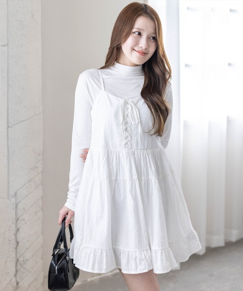 clear（クリア）の「【バレエコア/レイヤード】ドット柄レースアップキャミワンピース[ビスチェ/チュニック/ガーリー]（ワンピース・レディース・ライトピンク/ライトベージュ/ブラック/オフホワイト・F）」の2枚目の写真