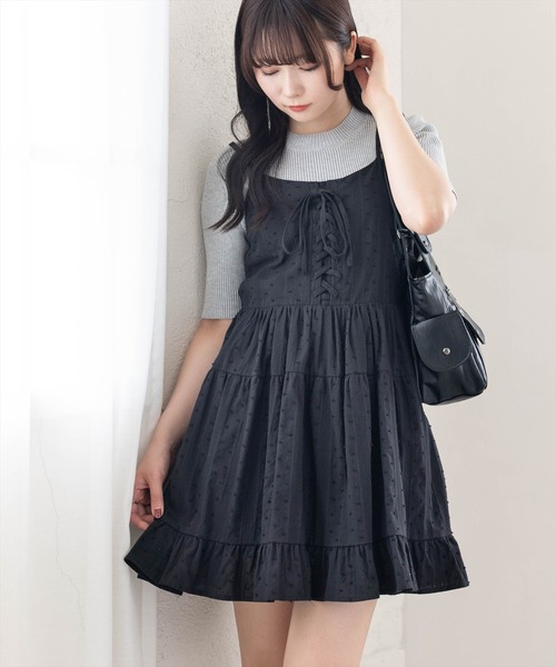 clear（クリア）の「【バレエコア/レイヤード】ドット柄レースアップキャミワンピース[ビスチェ/チュニック/ガーリー]（ワンピース・レディース・ライトピンク/ライトベージュ/ブラック/オフホワイト・F）」の3枚目の写真