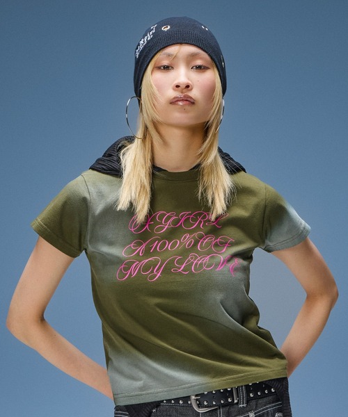 X-girl（エックスガール）の「FADED SCRIPT LOGO S/S BABY TEE（Tシャツ/カットソー・レディース・ブラック/オリーブ/ベージュ・S/M）」の15枚目の写真