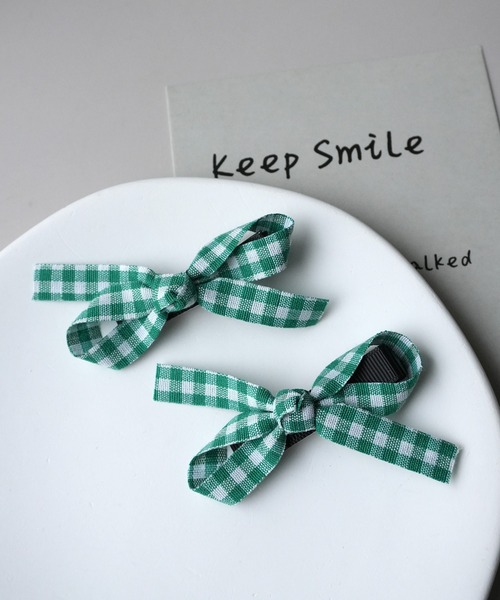 Bambin(ボンバン)の「【 Bambin / ボンバン 】 ギンガムチェック リボン ヘアピン ≪ 2個セット ≫(ヘアピン・キッズ・ブルー/オレンジ/グリーン/ピンク/レッド・FREE)」の2枚目の写真