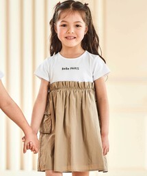 BeBe | タフタ×天竺ギャザー切り替え半袖ワンピース(80~150cm)(ワンピース)