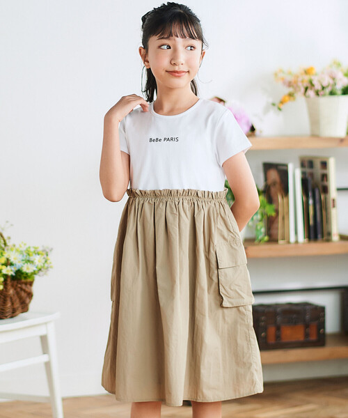 BeBe(ベベ)の「タフタ×天竺ギャザー切り替え半袖ワンピース(ワンピース・キッズ・ピンク/ベージュ・150cm/140cm/130cm/120cm/110cm)」の10枚目の写真