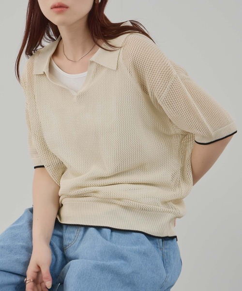 Mac-House(マックハウス)の「FreeNature メッシュニットスキッパーポロシャツ&タンクトップ アンサンブル(アンサンブル・レディース・ブラック/ホワイト・M/L)」の1枚目の写真