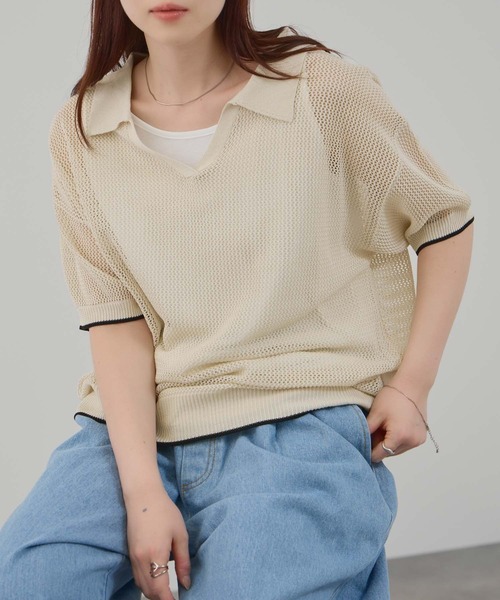 Mac-House(マックハウス)の「FreeNature メッシュニットスキッパーポロシャツ&タンクトップ アンサンブル(アンサンブル・レディース・ブラック/ホワイト・M/L)」の3枚目の写真