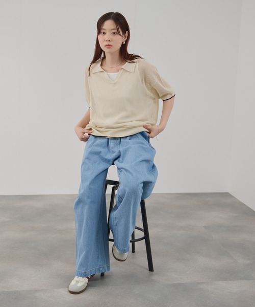 Mac-House(マックハウス)の「FreeNature メッシュニットスキッパーポロシャツ&タンクトップ アンサンブル(アンサンブル・レディース・ブラック/ホワイト・M/L)」の6枚目の写真