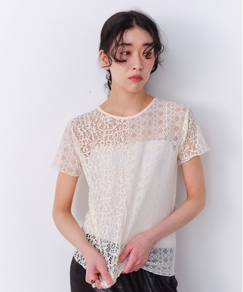 Shelly island(シェリーアイランド)の「ストレッチレース切り替え半袖プルオーバー(Tシャツ/カットソー・レディース・ホワイト/ブラック・FREE)」の3枚目の写真
