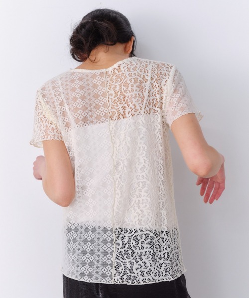 Shelly island(シェリーアイランド)の「ストレッチレース切り替え半袖プルオーバー(Tシャツ/カットソー・レディース・ホワイト/ブラック・FREE)」の7枚目の写真