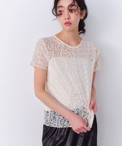 Shelly island(シェリーアイランド)の「ストレッチレース切り替え半袖プルオーバー(Tシャツ/カットソー・レディース・ホワイト/ブラック・FREE)」の8枚目の写真