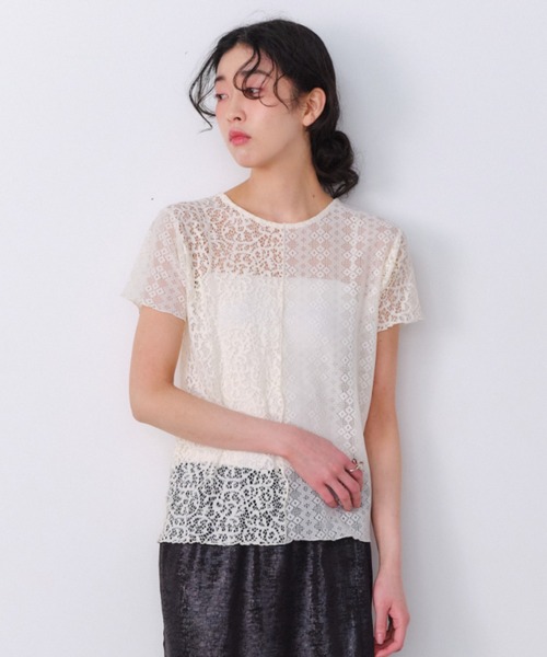 Shelly island(シェリーアイランド)の「ストレッチレース切り替え半袖プルオーバー(Tシャツ/カットソー・レディース・ホワイト/ブラック・FREE)」の4枚目の写真