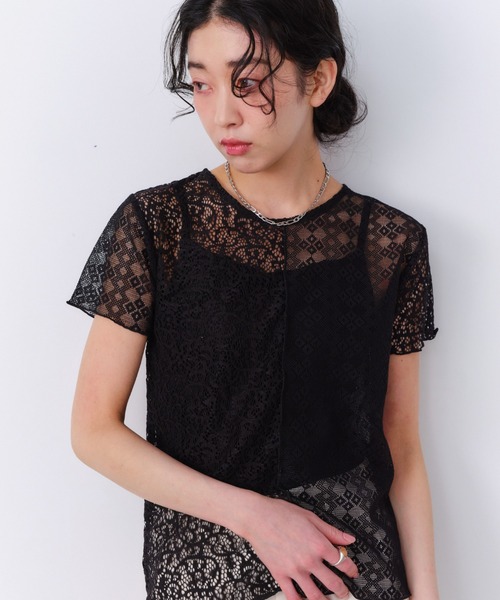 Shelly island(シェリーアイランド)の「ストレッチレース切り替え半袖プルオーバー(Tシャツ/カットソー・レディース・ホワイト/ブラック・FREE)」の14枚目の写真