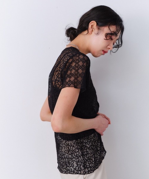 Shelly island(シェリーアイランド)の「ストレッチレース切り替え半袖プルオーバー(Tシャツ/カットソー・レディース・ホワイト/ブラック・FREE)」の16枚目の写真